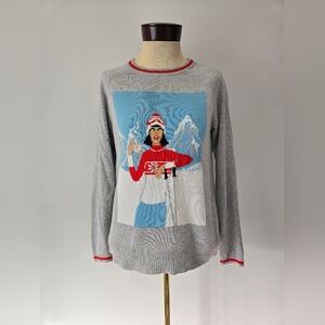 Twik  Lightweight Cotton Blend Gray Sweater with Alpine Ski Graphic. Size Medium